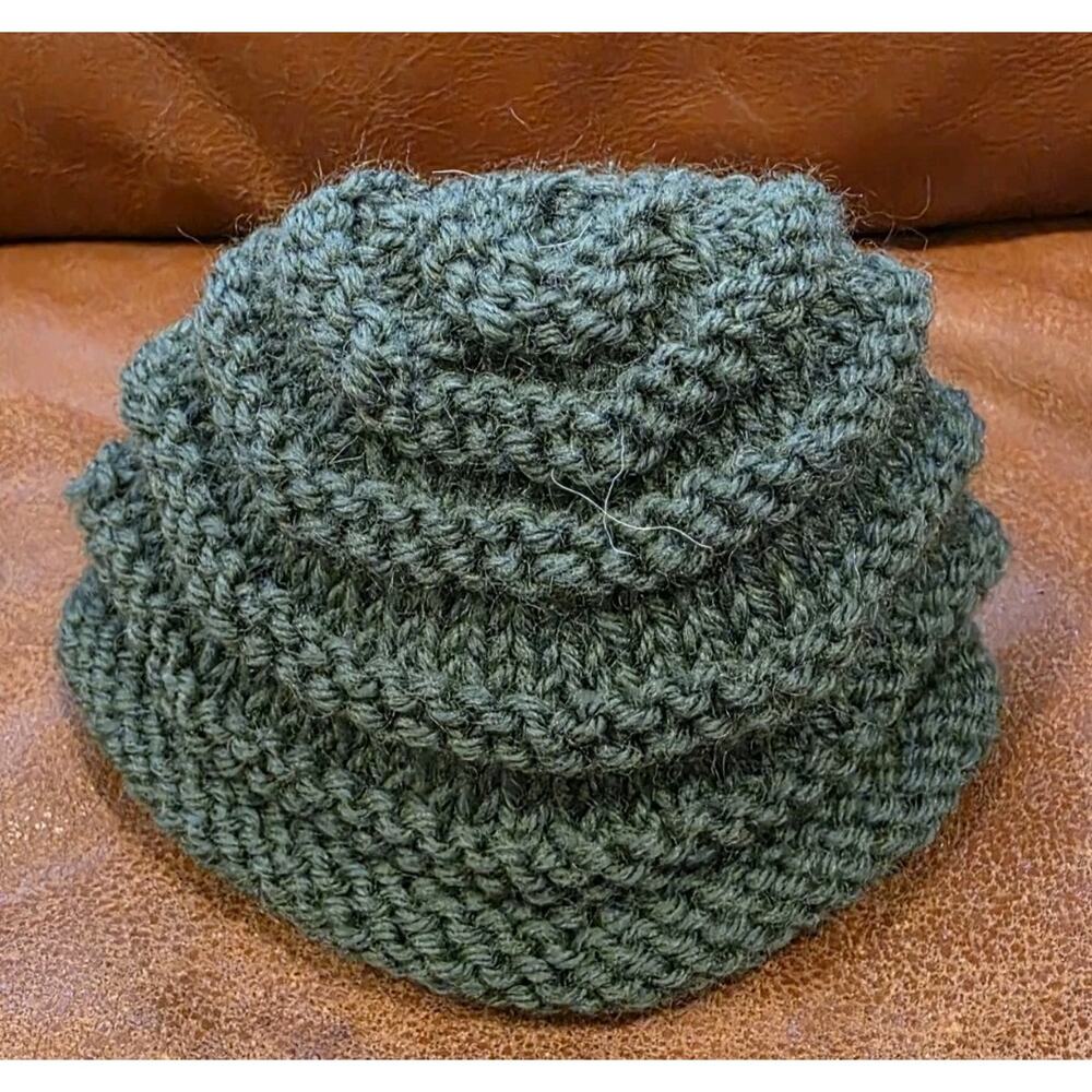 Handcrafted Forest Green Lines Rolled Bottom Beanie Winter Hat Newborn 3 Months